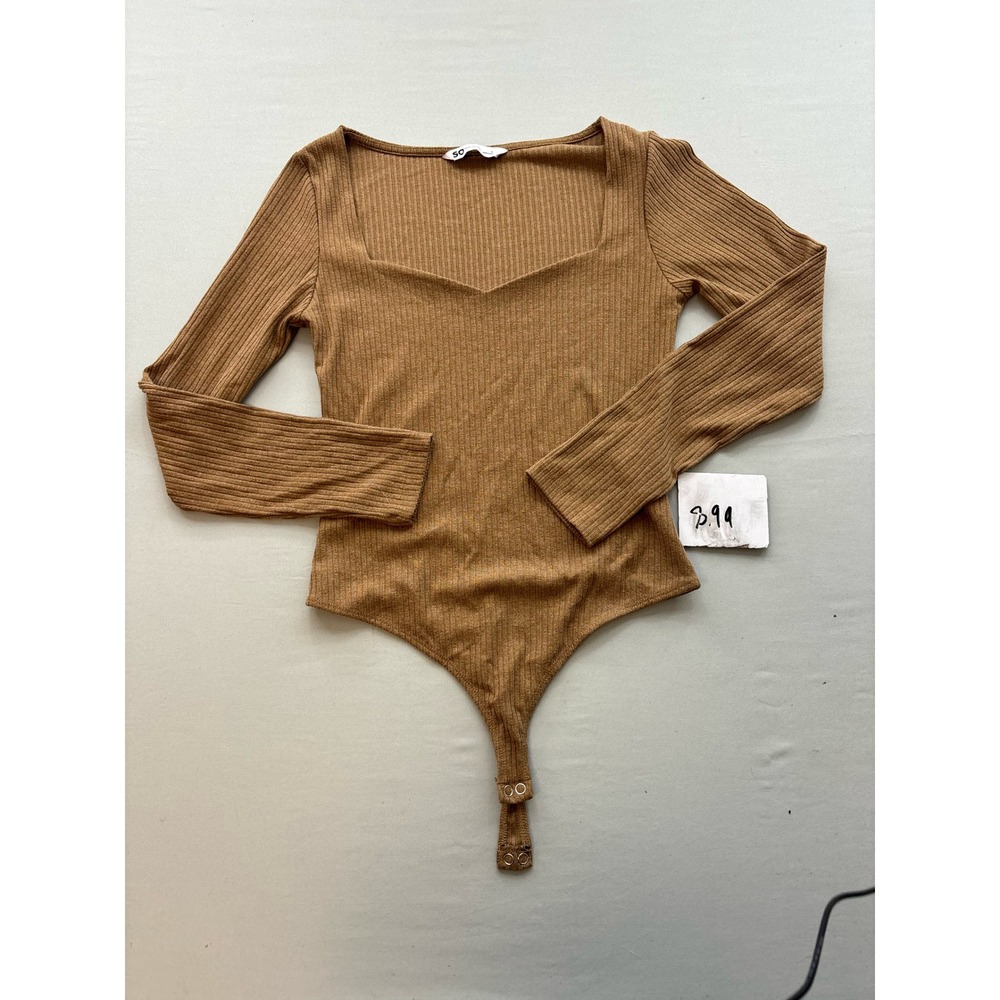 SO Goods For Life Brown Ribbed Long Sleeve Sweetheart Neckline Bodysuit Large